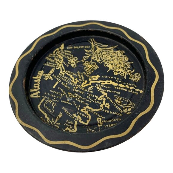 Vintage Alaska State Map Souvenir Black Gold Metal Tin Travel Coaster Ashtray 3 - Picture 2 of 7
